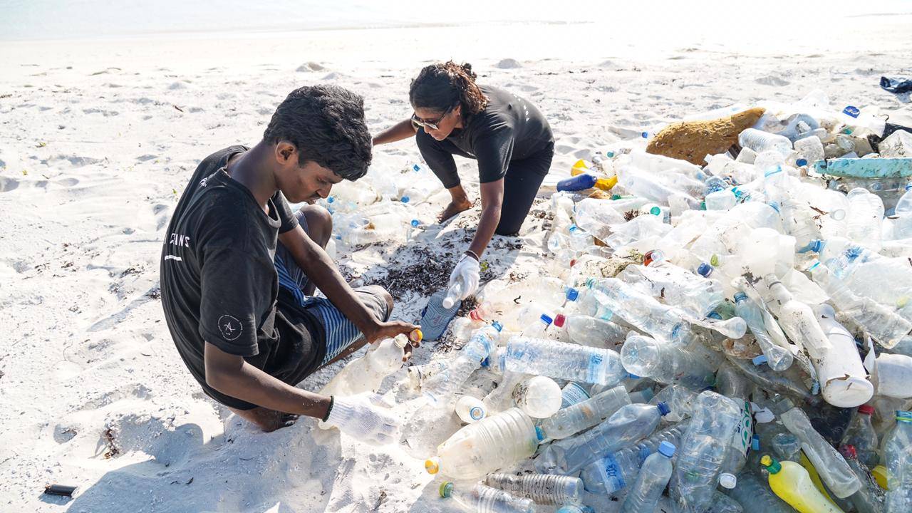 Young people collecting litter from the shore