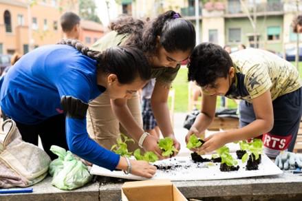 Young citizens planting as part of Food Wave street actions in Milan