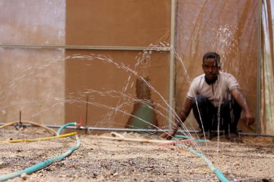 Habib Ali Mohamed ouvre les vannes des tuyaux pour rafraichir l’intérieur de la serre à Abaytou.