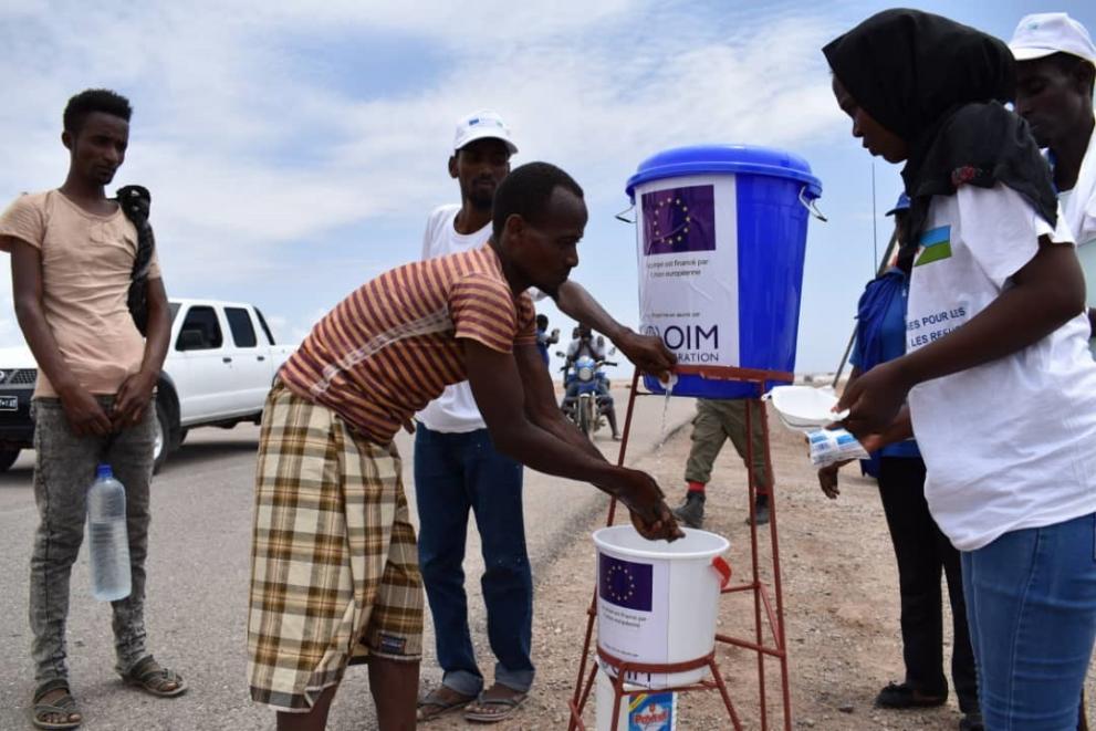 IOM erected hand-washing stations on the main access ways to Obock, an important transit point for migrants in Djibouti.