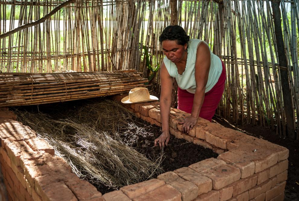 Rabebinirina Minompamonjy David (Madame Mino) checks her worm compost in the village of Ambohitrinibe Belanitra, Madagascar