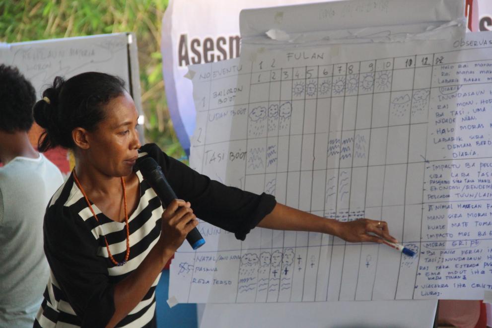 Francisca during a team presentation of risk assessment calendar, Timor Leste.