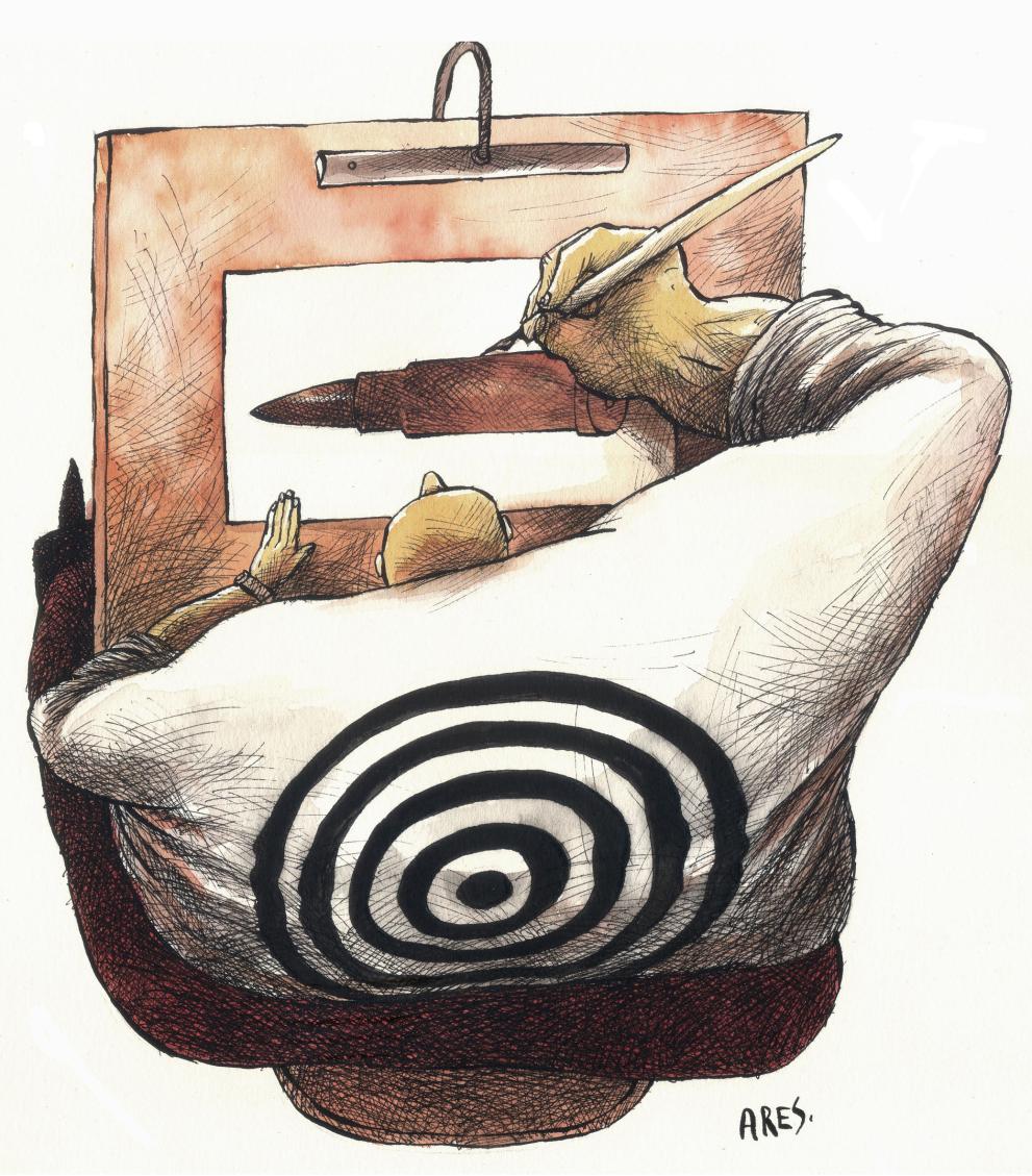 A cartoon of a cartoonist drawing a bullet while at the same time having a target sign on his back