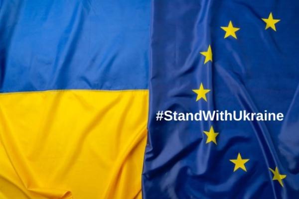 Ukraine flag and EU emblem side by side